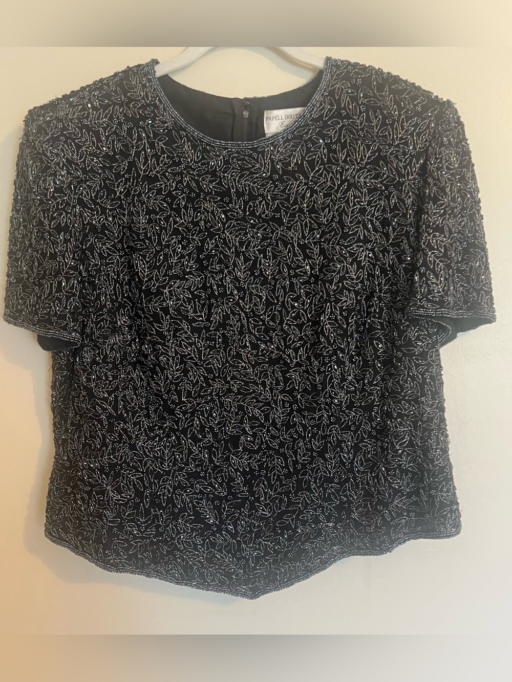 Papell Boutique Black Beaded Leaf Motif Short Sleeve Silk Top